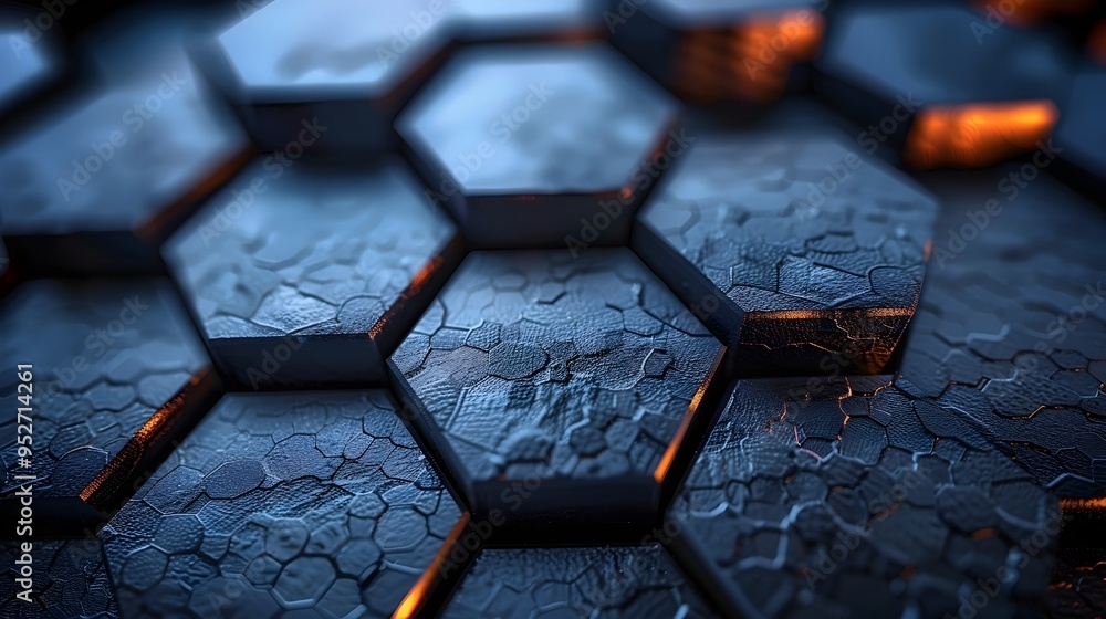 Poster abstract close-up of a hexagonal pattern, with a textured, metallic surface, featuring a deep blue c