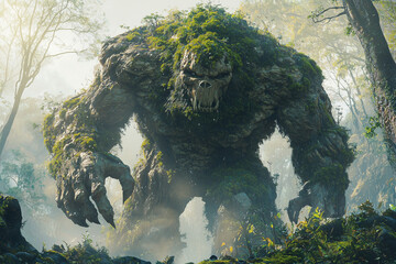 fearsome earth elemental with a rugged, moss-covered body and sharp fangs, emerging from the shadows of an ancient forest