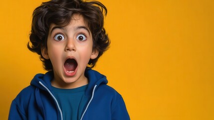 Young boy with shocked expression on a yellow background.