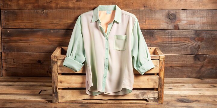 A soft-hued shirt hangs effortlessly off a wooden crate, exuding a carefree elegance that effortlessly combines slacker charm with refined taste.