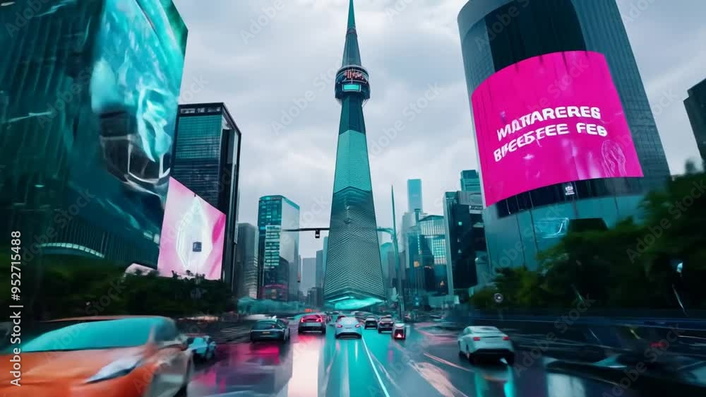 Poster modern cityscape featuring a towering structure in rainy weather generative ai