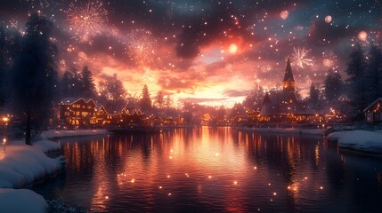 A charming winter village is illuminated by twinkling lights, reflecting in a still lake, as fireworks explode in the starry night sky.