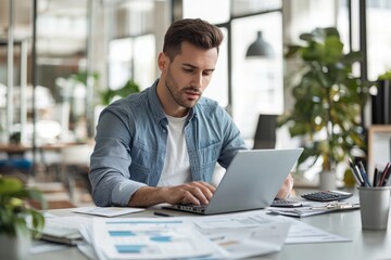 Fototapeta premium Businessman Analyzing Financial Reports Laptop Calculator. Busy Focused. Office Setting Environment.
