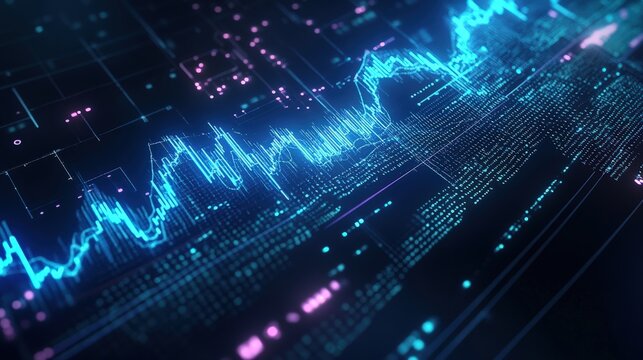 A dynamic digital graph displaying data trends with vibrant blue and pink visual effects against a sleek background.