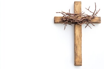 Illustration of Jesus Wooden cross and Crown of Thorns used by Catholic Christians on Good Friday Ceremony. Isolated on white background with empty blank copy text space. generative ai