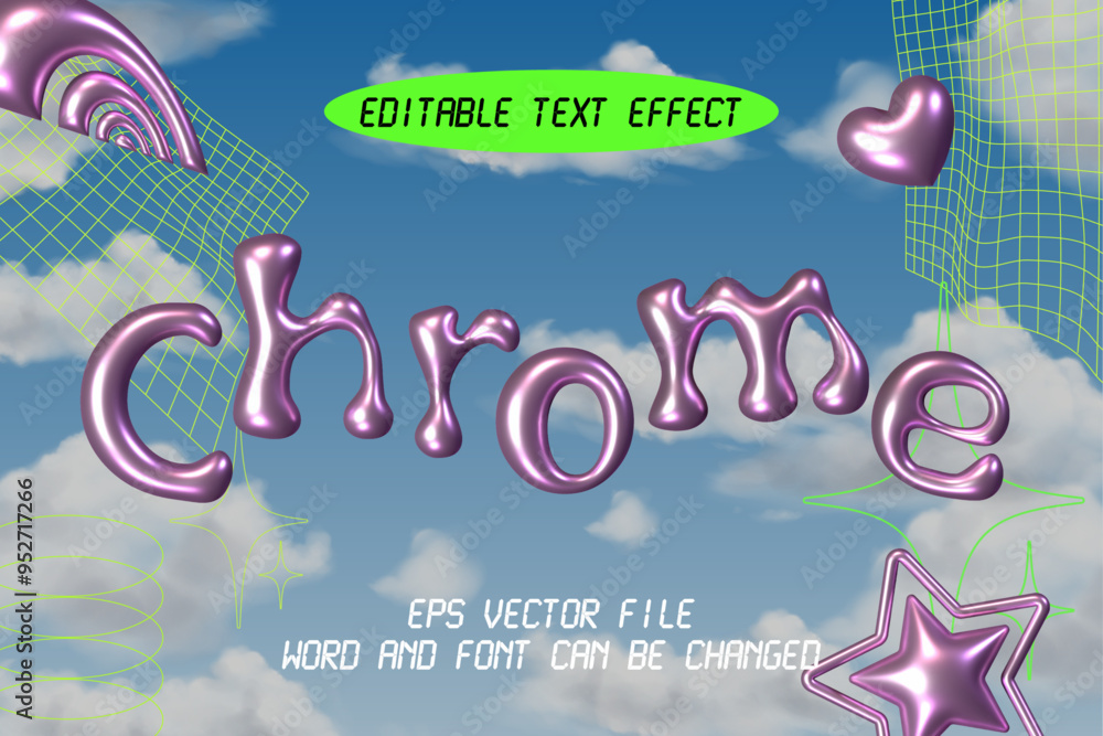 Fototapete inflated chrome pink editable vector text effect. retro y2k text style