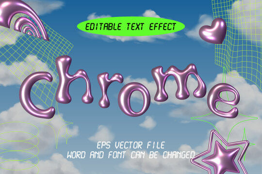 Inflated chrome pink editable vector text effect. Retro y2k text style