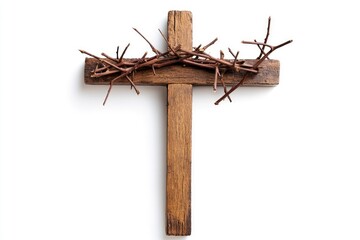 Illustration of Jesus Wooden cross and Crown of Thorns used by Catholic Christians on Good Friday Ceremony. Isolated on white background with empty blank copy text space. generative ai