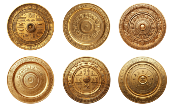 Golden circular shields with intricate patterns isolated on transparent background