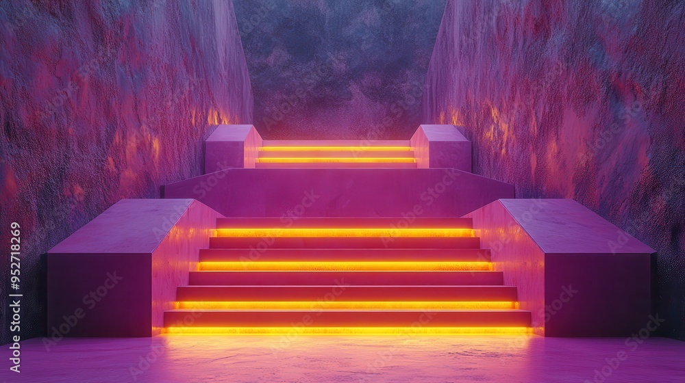 Poster 3d render of minimal abstract yellow stairs on a violet empty podium, a primitive architectural elem