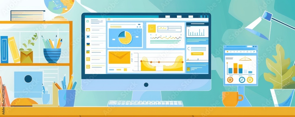 Aufkleber Illustration of a home office with computer screens displaying analytics and data visualizations, perfect for business and tech concepts.