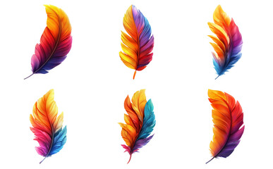 Bright and colorful gradient feathers isolated on transparent background