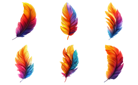 Bright and colorful gradient feathers isolated on transparent background