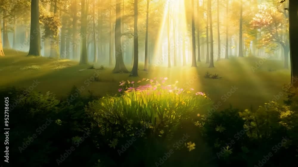 Poster sunlight filters through trees over colorful wildflowers in a forest generative ai