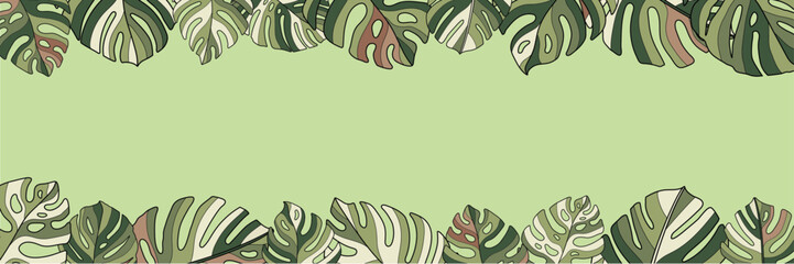 monstera leaf tropical banner social media header border frame sign hawaii holiday template graphic design art vector outline collage green brown background texture leaves title horizontal nature