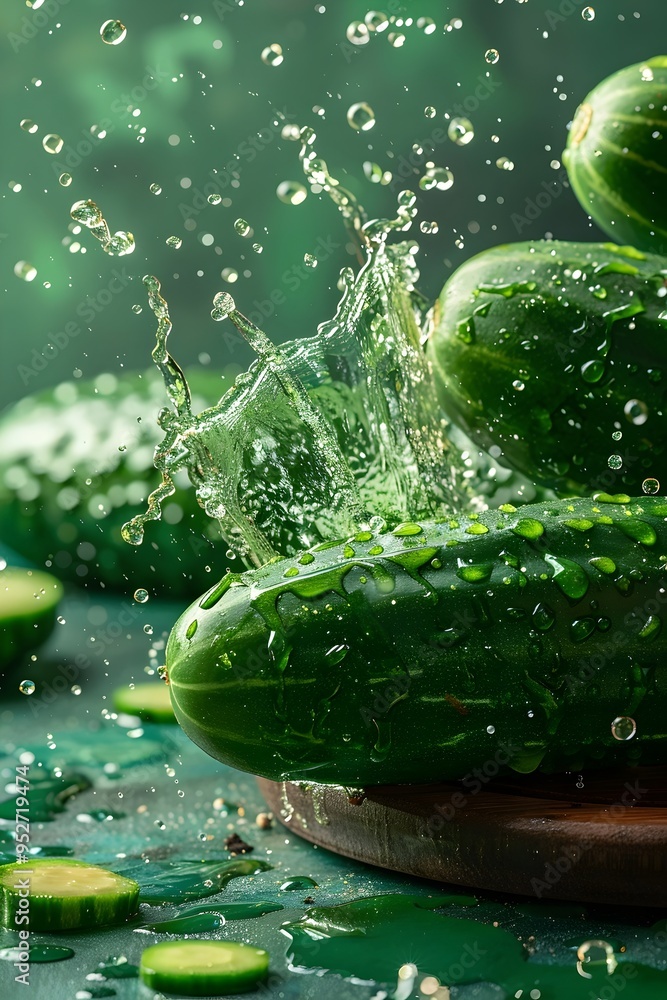 Fototapete fresh cucumbers with water splashing around them, creating a refreshing and vibrant image.