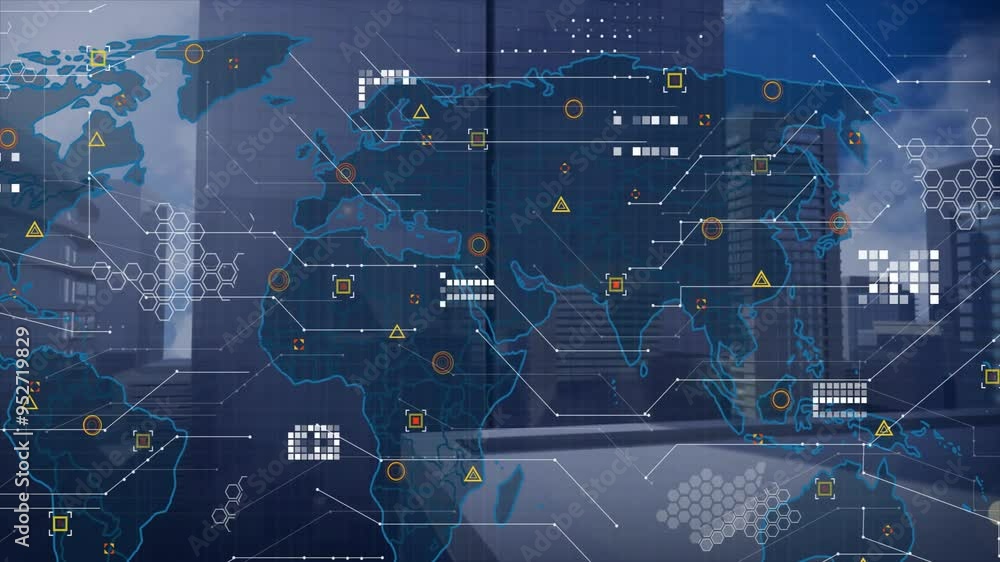 Poster animated world map with data points and network connections over cityscape background