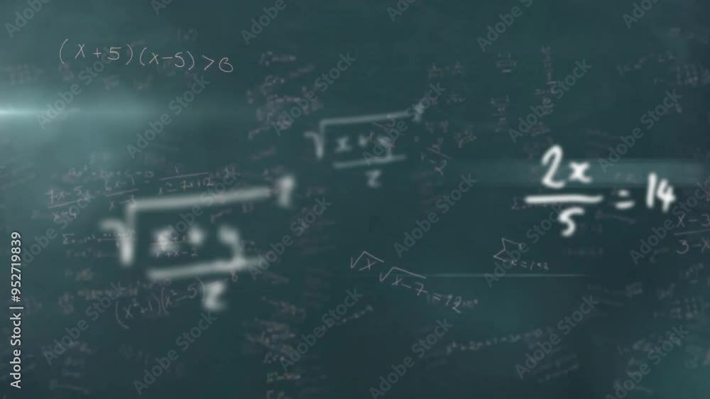 Poster animating mathematical equations and formulas over dark green background