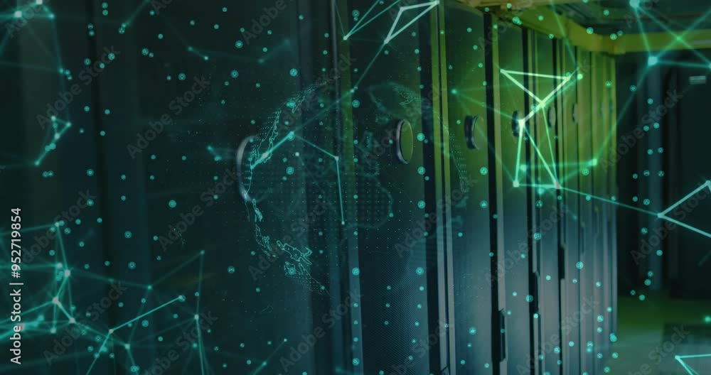 Poster data processing animation over server racks, digital network connections in data center