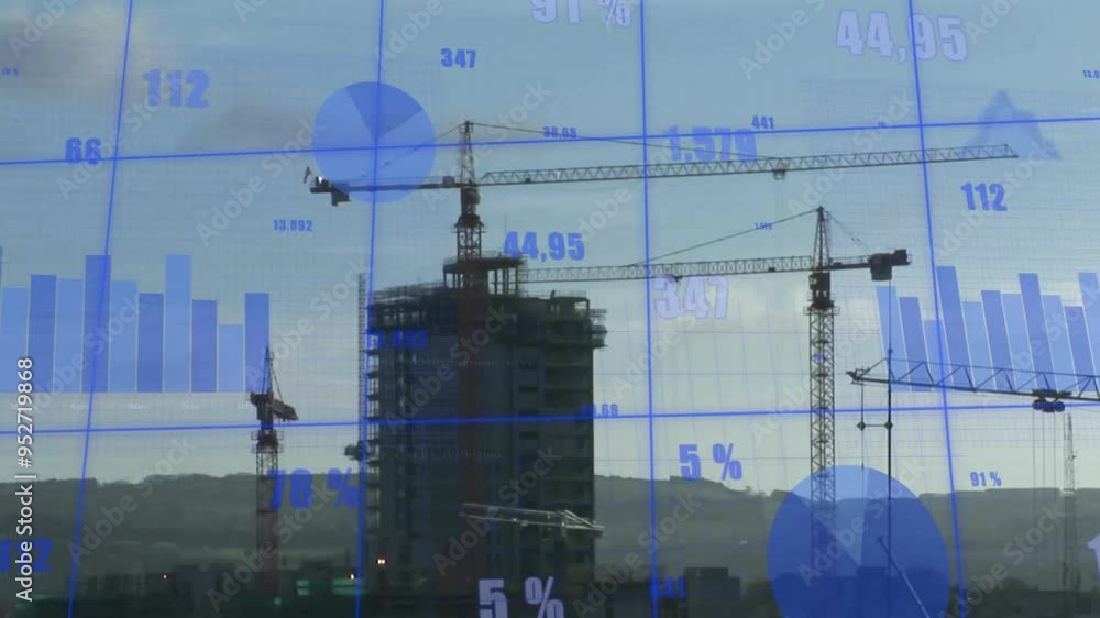 Poster construction cranes and building with financial data processing animation overlaid