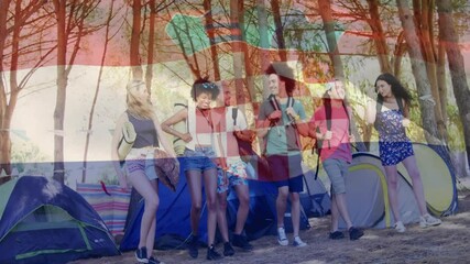 Group of friends camping with Croatian flag animation over forest background - Powered by Adobe