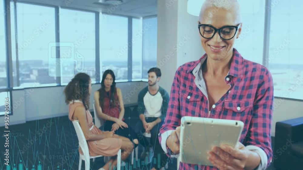 Aufkleber smiling woman discussing healthcare data with group in office over data analysis animation
