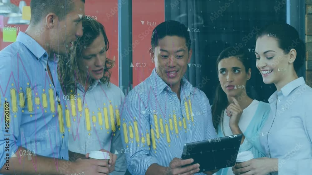 Aufkleber analyzing data on tablet, group of colleagues with financial graph animation