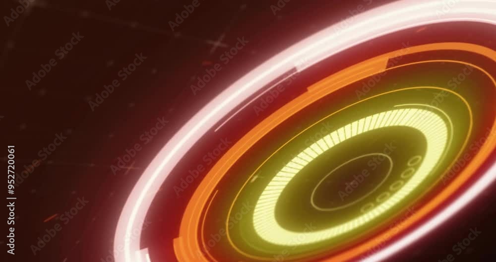 Poster Red and orange digital vortex animation with pixelated patterns and dark background