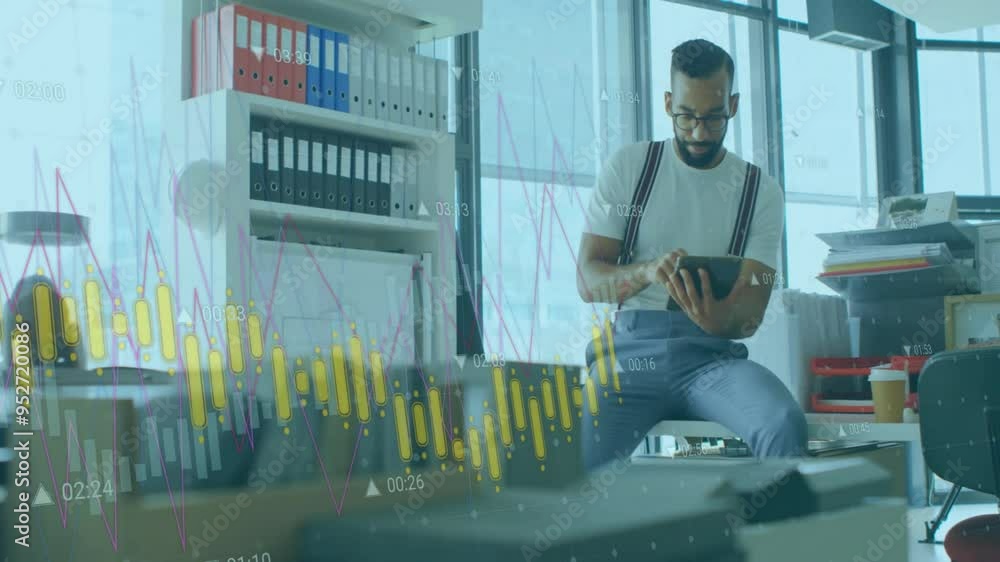 Aufkleber analyzing data on tablet, man in office with financial graph animation over