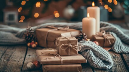 Assorted gift boxes on wooden table with cozy atmosphere