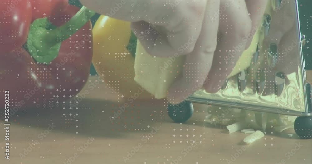 Poster grating cheese with vegetables in background, data processing animation overlay in kitchen