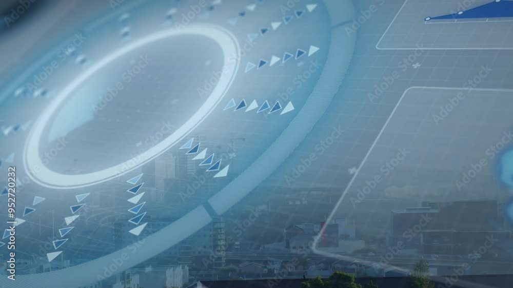 Poster futuristic data processing animation over cityscape with buildings and trees
