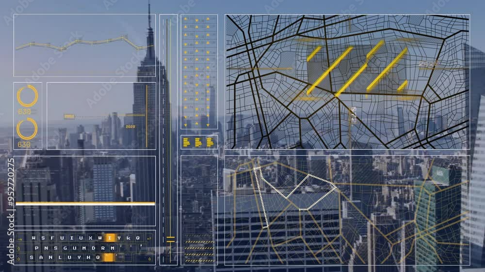 Poster cityscape with data visualization and network connections animation over skyscrapers