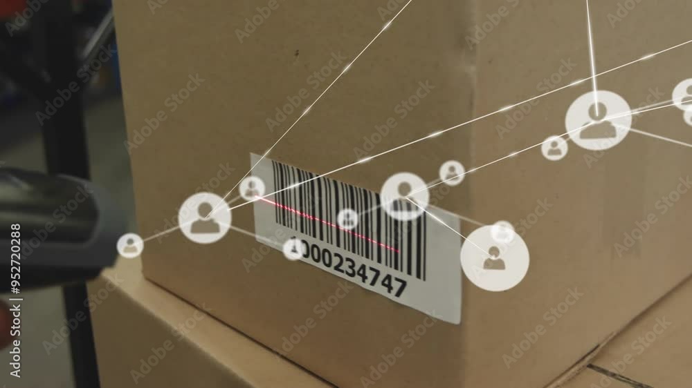 Poster scanning barcodes and tracking cardboard boxes with animation