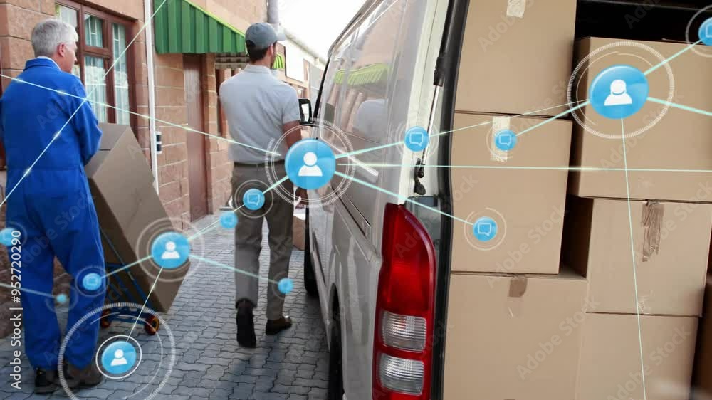 Aufkleber loading boxes into van, workers connected by network animation for logistics