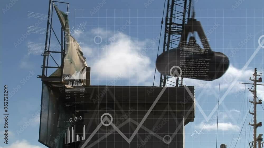 Poster construction site with data analytics animation over crane lifting heavy object