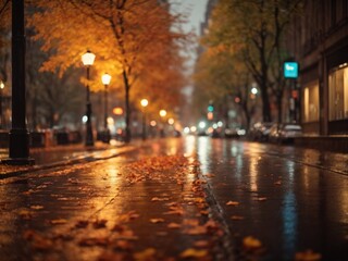 Empty road wet in city in autumn time.