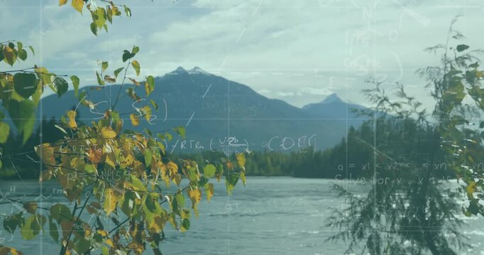 Animating mathematical equations and formulas over scenic mountain landscape with river