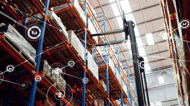 Forklift moving pallets in warehouse, logistics network animation over shelves