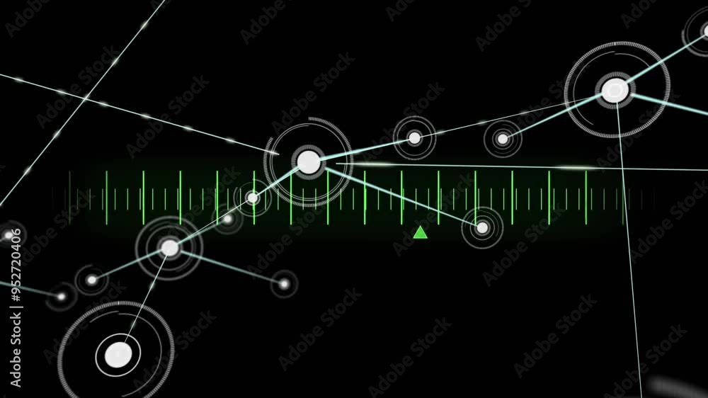 Poster animating network connections and data points over green measurement scale on black background