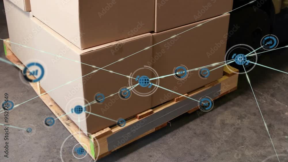 Poster Network connections and data processing animation over stacked cardboard boxes on pallet