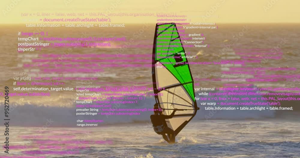 Poster windsurfer on ocean waves with programming code animation over scene