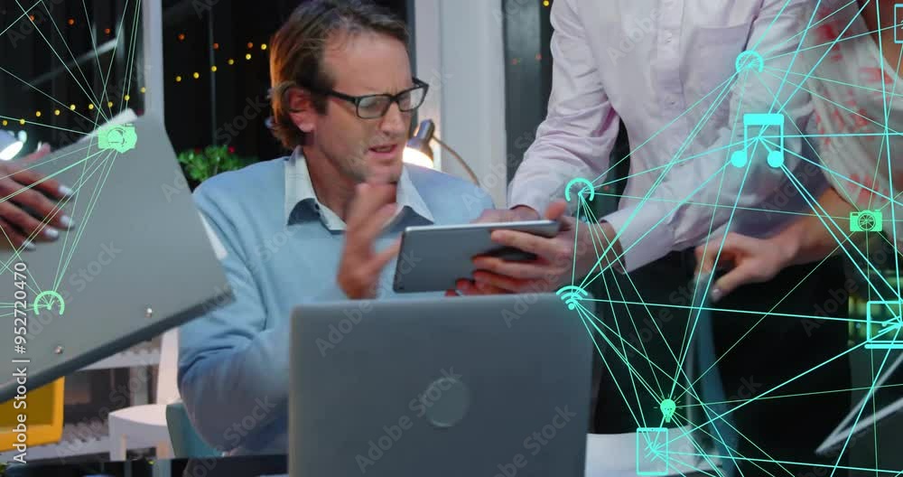 Poster processing data and networking connections animation, business people working in office