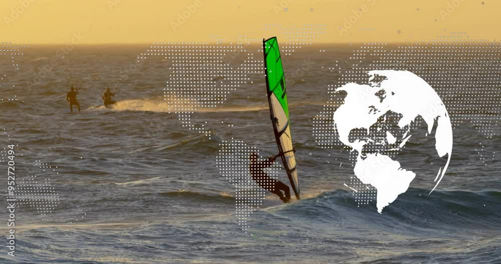 Poster windsurfing in ocean with animated world map overlay