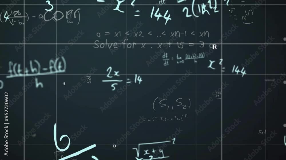 Poster animated mathematical equations and formulas over dark grid background