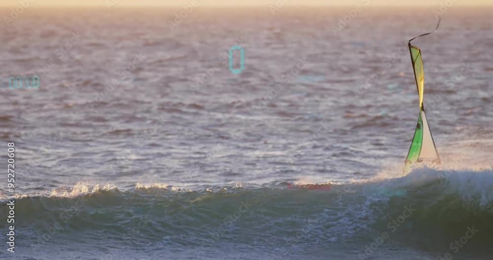 Poster windsurfer riding wave with digital data animation over ocean scene