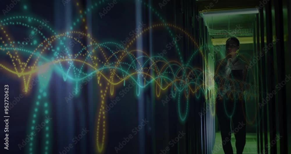 Poster colorful waveforms and data processing animation over person walking in server room