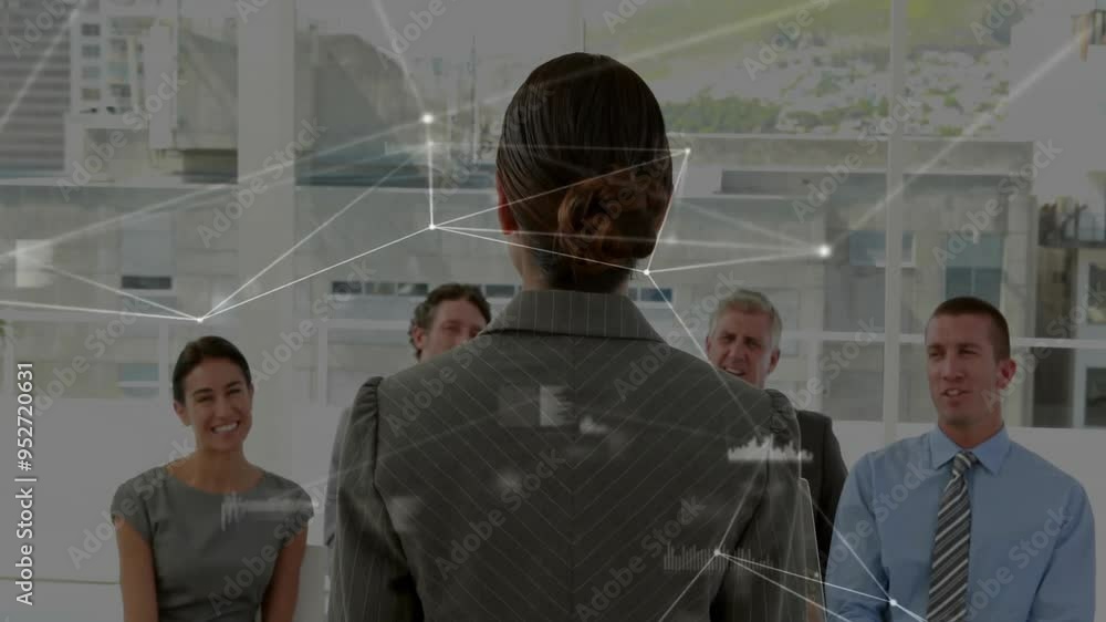 Poster network of connections and data processing animation over business meeting in office