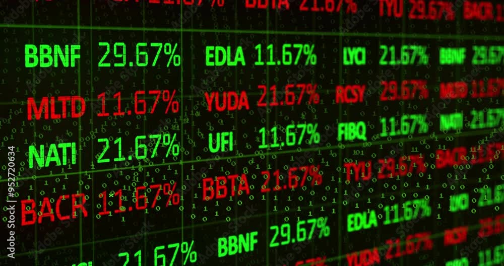 Poster Stock market data animation with green and red numbers over binary code background