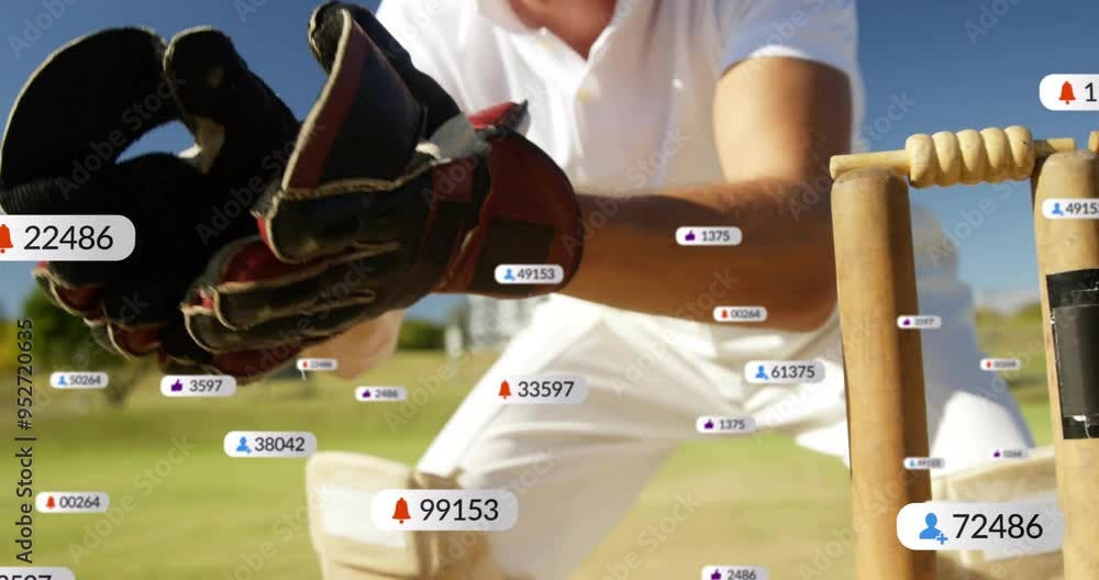 Poster cricket player in action with social media notifications animation over scene